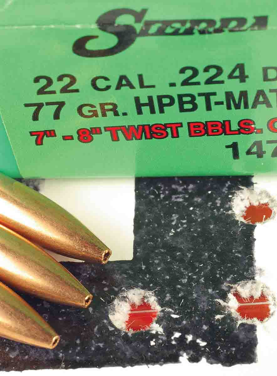 Sierra 77-grain MatchKing bullets and Reloder 22 powder provided excellent accuracy.